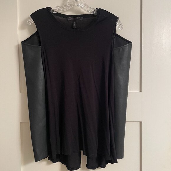 BCBG Max Azria “Judson” Faux Leather Cut Out Long Sleeve Black Top — NWT - Picture 1 of 5